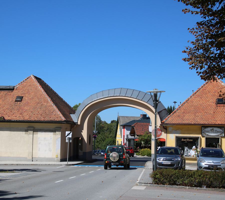 Entrance gate, building and camp cemetery of the former Gm&uuml;nd (-Neustadt) refugee camp, Lower Austria, Austria